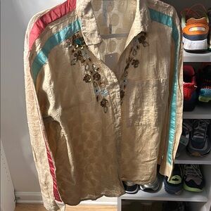 Embroidered Beige Shirt with Colorful Stripes
